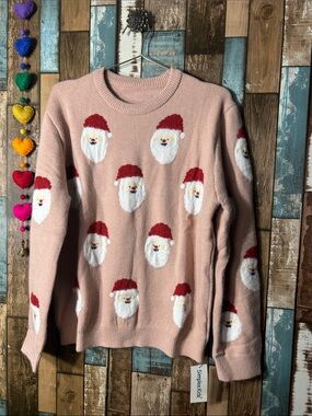 Festive Pink Santa Motif Crewneck Sweater